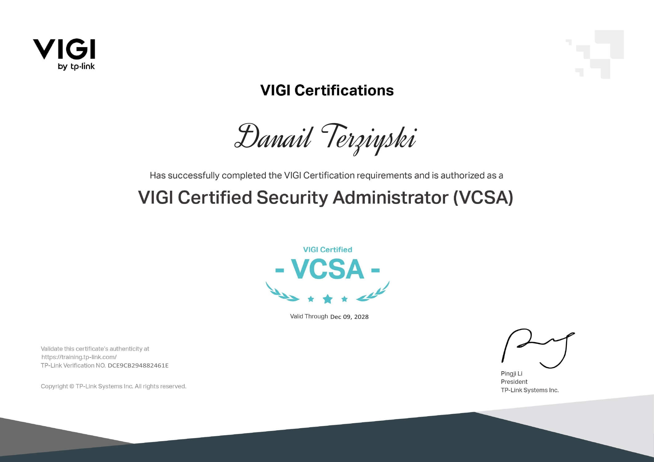 VIGI Certificate